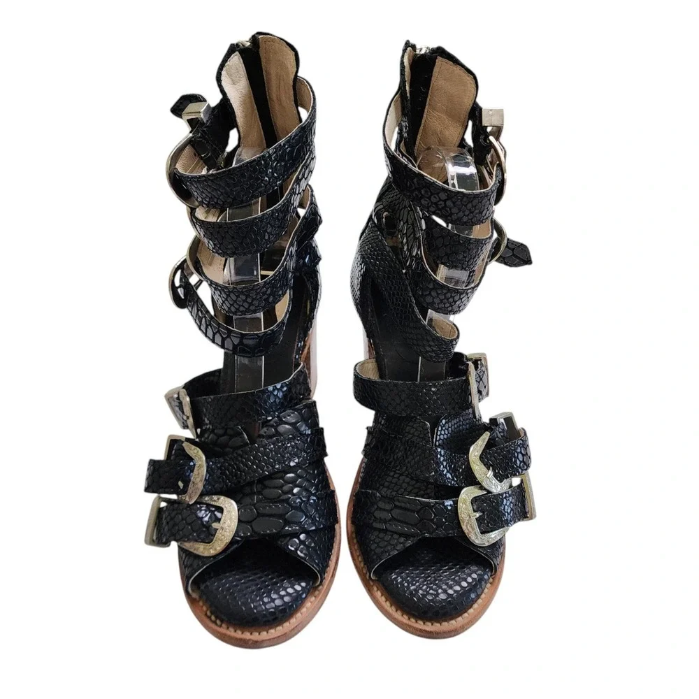 Freebird Womens Brooklyn Boot Sandals Size 10 Black Embossed Leather Buckles